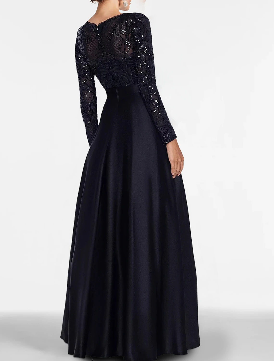 A-Line Evening Gown Elegant Black Dress Plus Size Formal Sequin Satin Dress Black Tie Floor Length Long Sleeve Off Shoulder Fall Wedding Guest with Slit Pocket 2025